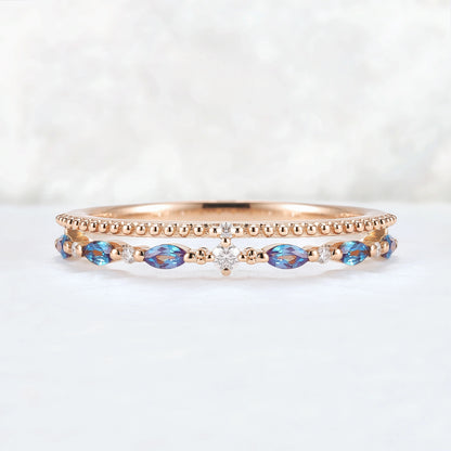 Double-Ring Arm Marquise Cut Alexandrite Beaded Edge Stacking Ring