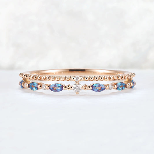 Double-Ring Arm Marquise Cut Alexandrite Beaded Edge Stacking Ring