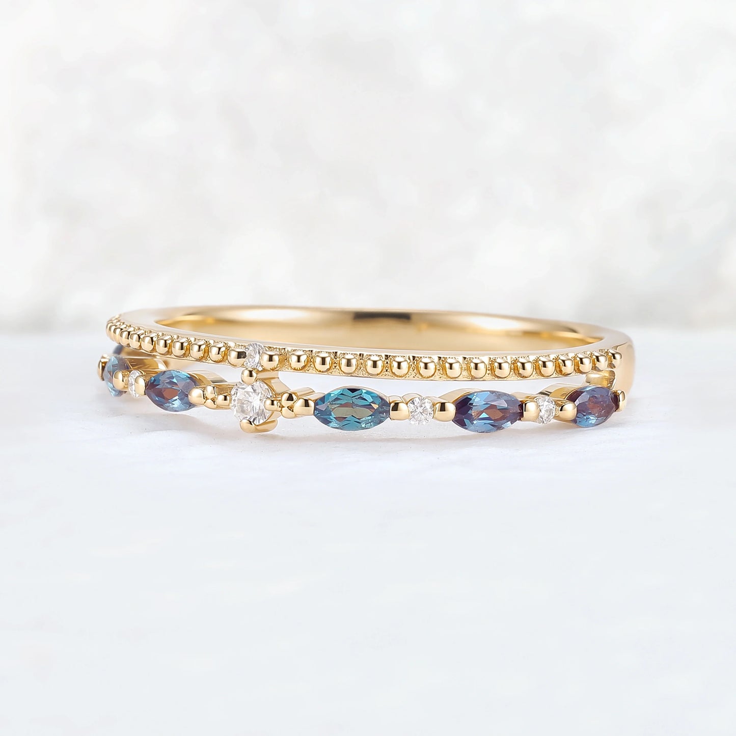 Double-Ring Arm Marquise Cut Alexandrite Beaded Edge Stacking Ring