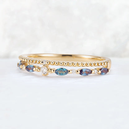 Double-Ring Arm Marquise Cut Alexandrite Beaded Edge Stacking Ring