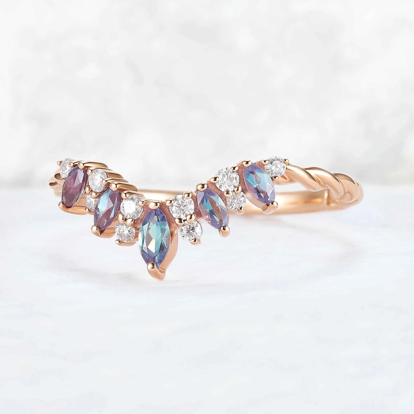 Curved Marquise Cut Alexandrite Twig Ring Arm Stacking Ring