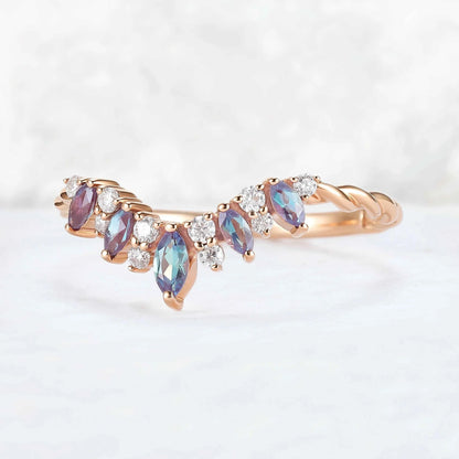 Curved Marquise Cut Alexandrite Twig Ring Arm Stacking Ring