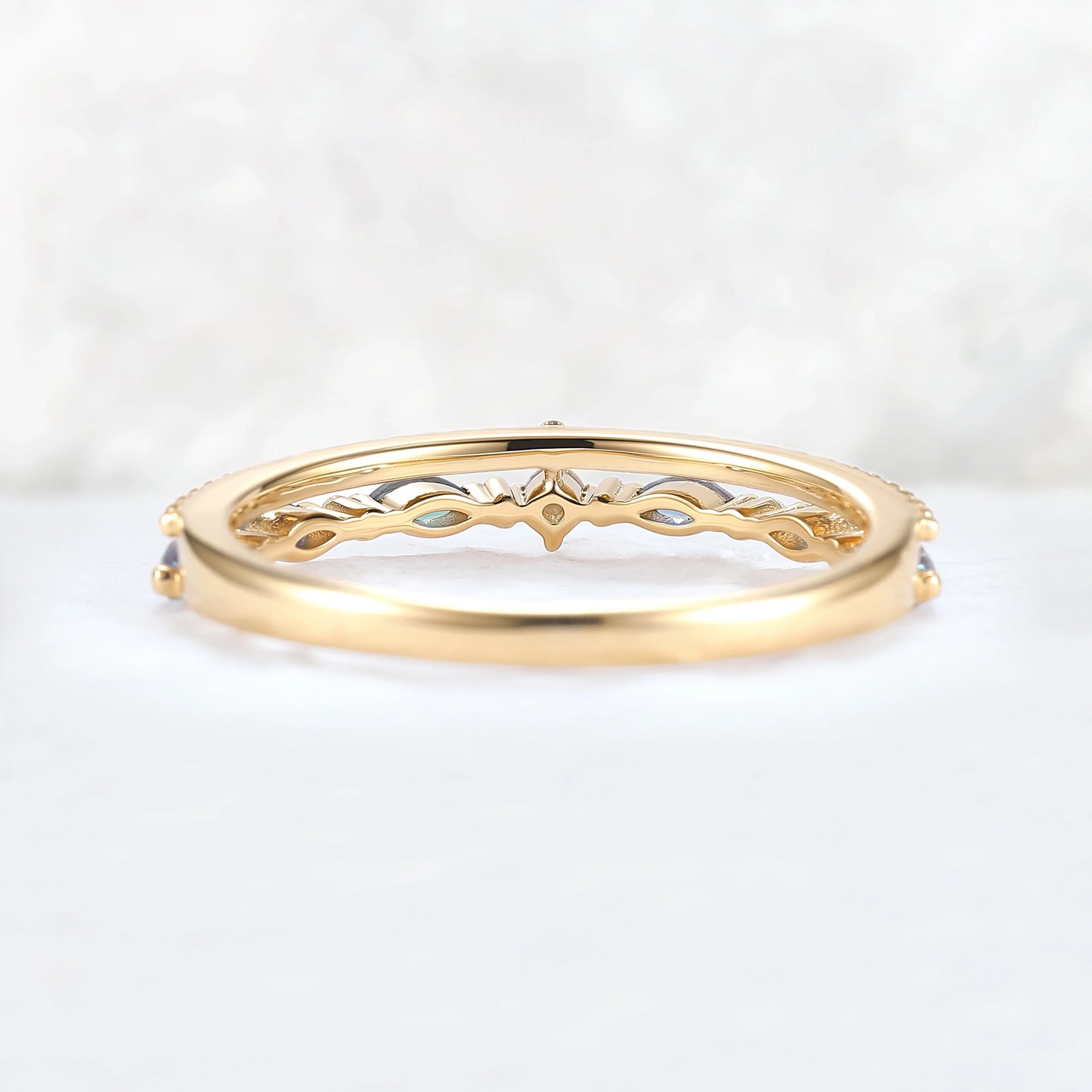 Double-Ring Arm Marquise Cut Alexandrite Beaded Edge Stacking Ring