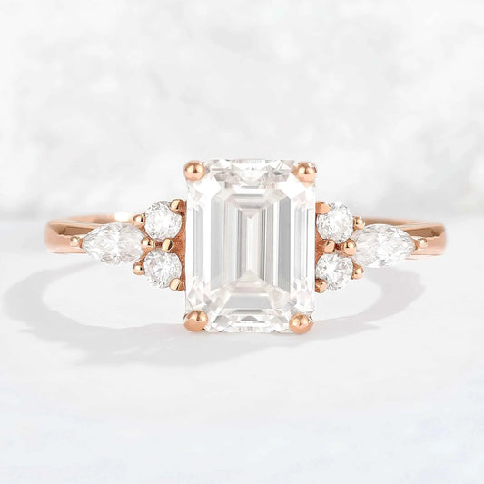 Emerald Cut Moissanite Cluster Gemstone Ring