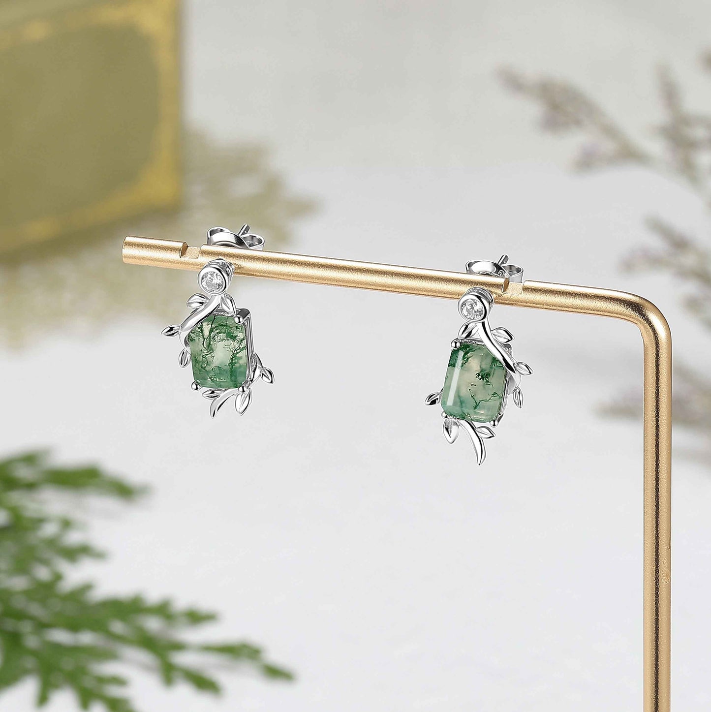 Emerald Cut Moss Agate Leafy Earrings Anniversary Gift for Her
