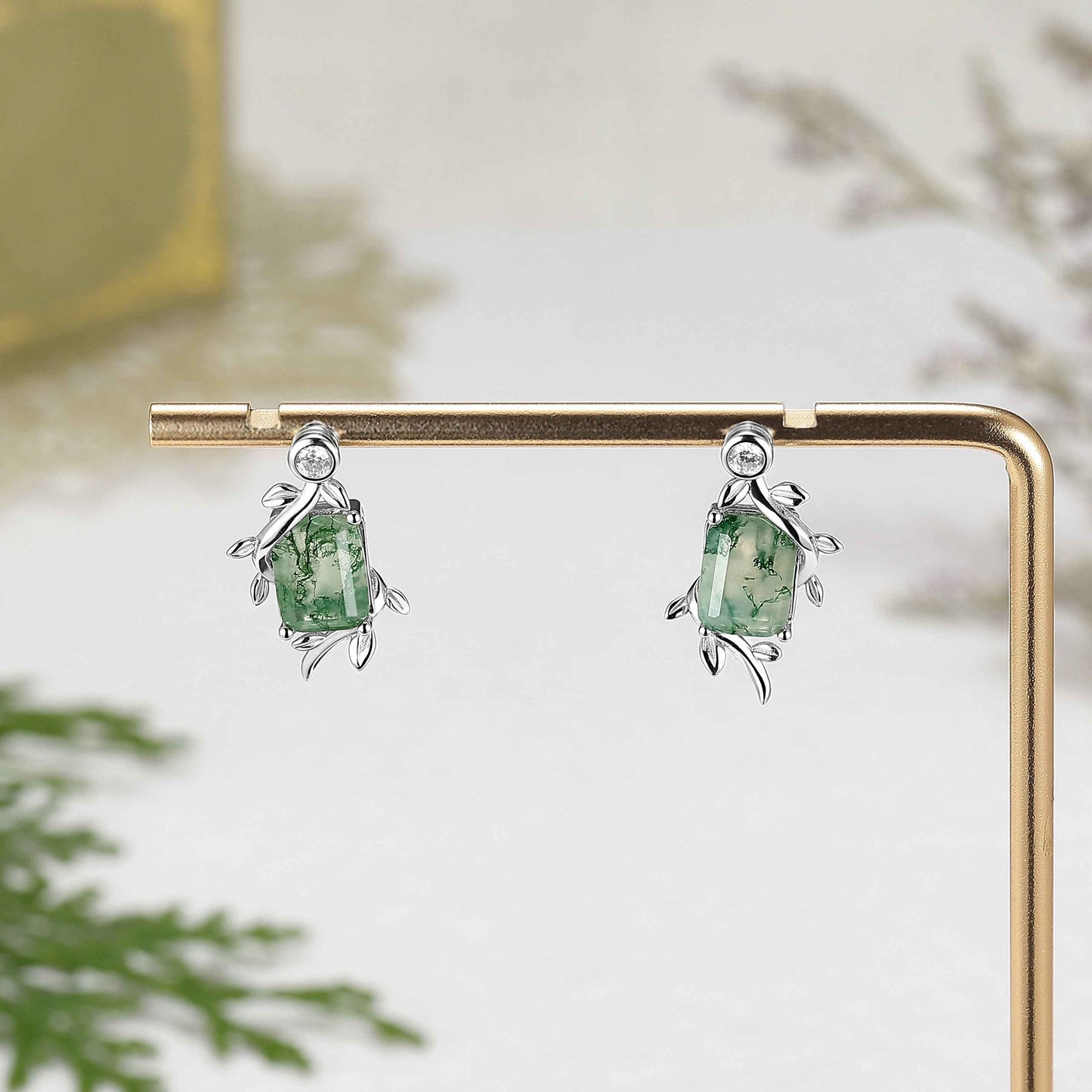 Emerald Cut Moss Agate Leafy Earrings Anniversary Gift for Her