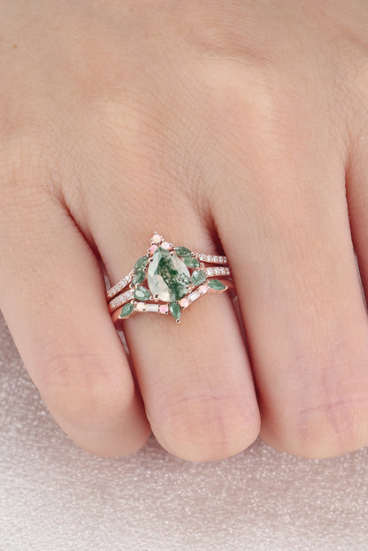 Evergreen Glow Pear-Cut Moss Agate Stacking Ring Set 3pcs