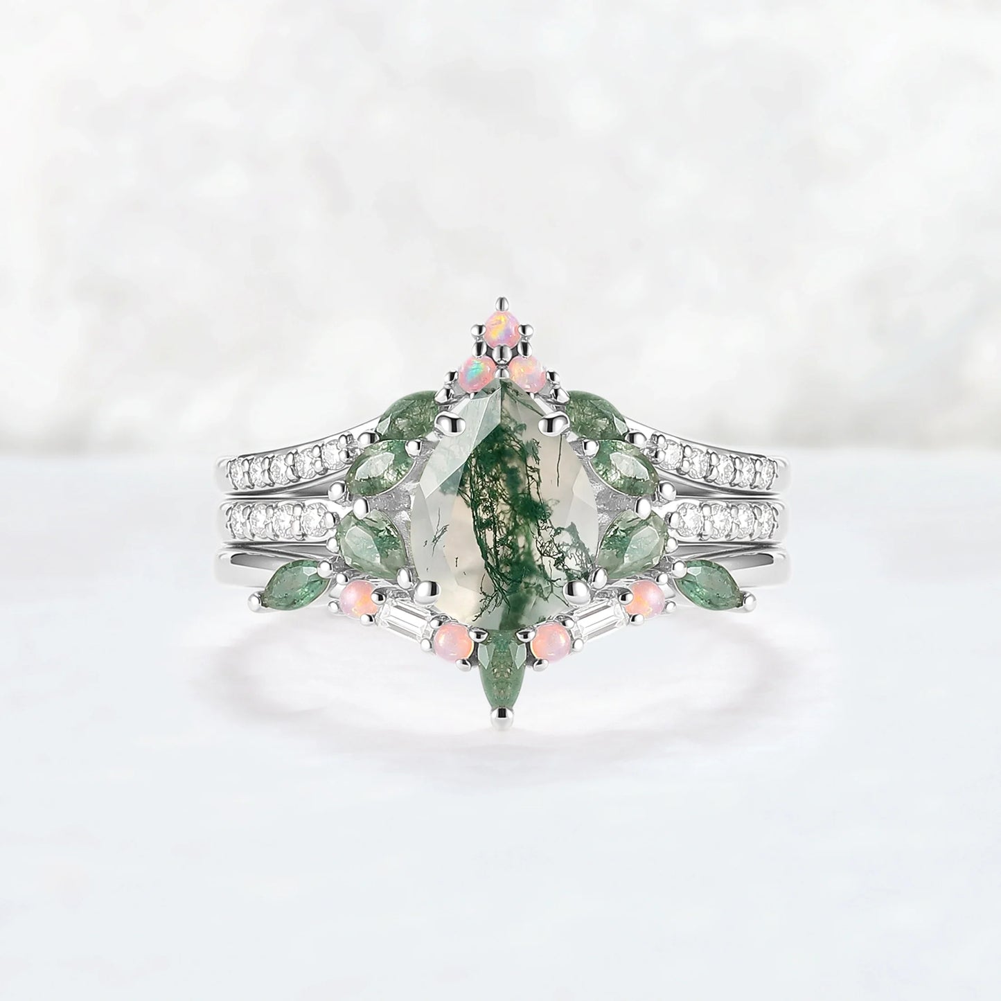 Evergreen Glow Pear-Cut Moss Agate Stacking Ring Set 3pcs