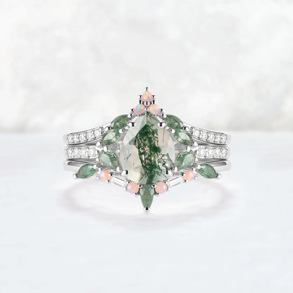 Evergreen Glow Pear-Cut Moss Agate Stacking Ring Set 3pcs