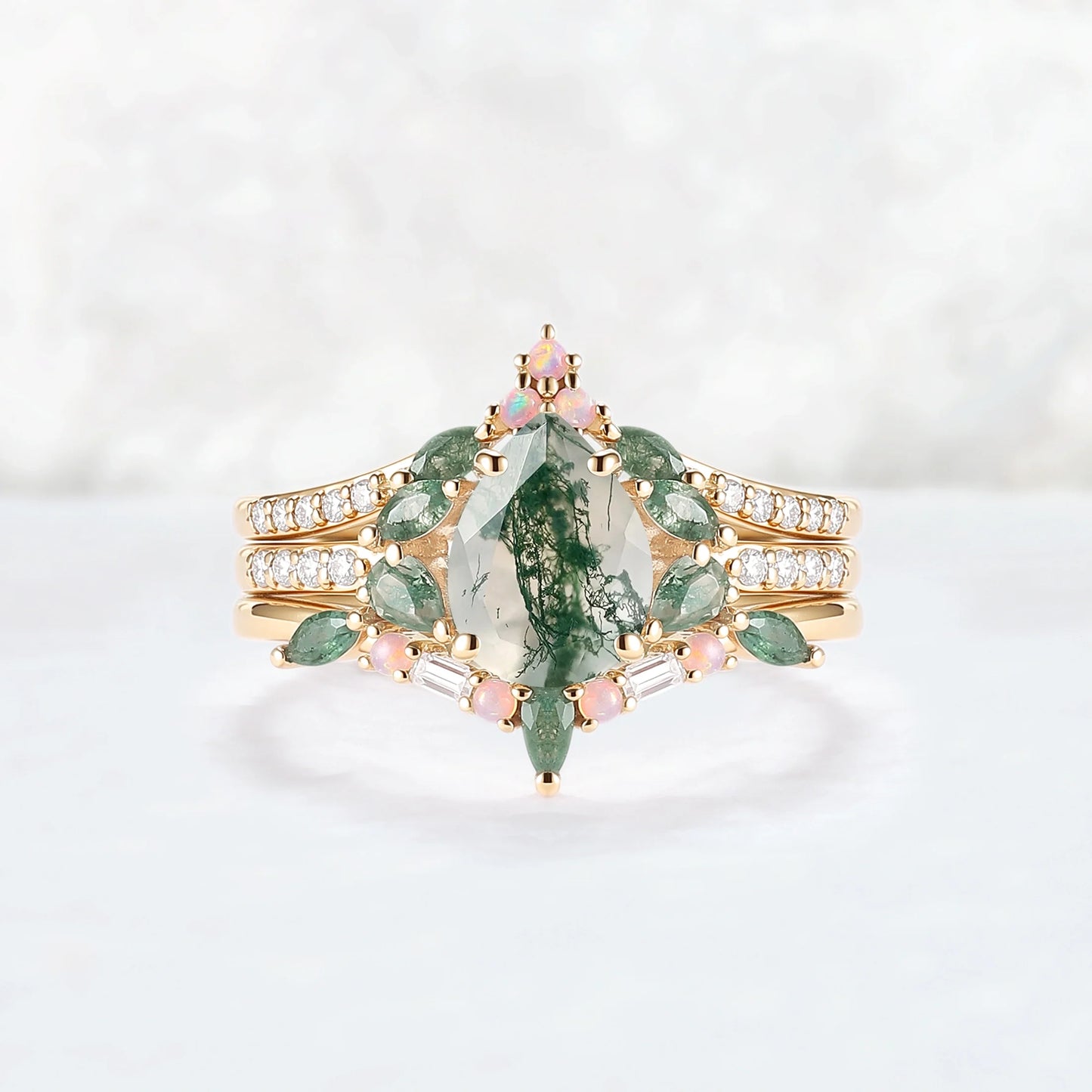 Evergreen Glow Pear-Cut Moss Agate Stacking Ring Set 3pcs