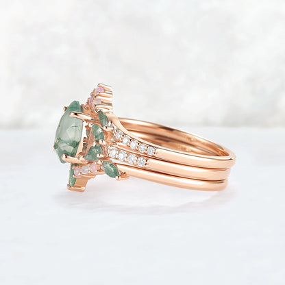Evergreen Glow Pear-Cut Moss Agate Stacking Ring Set 3pcs