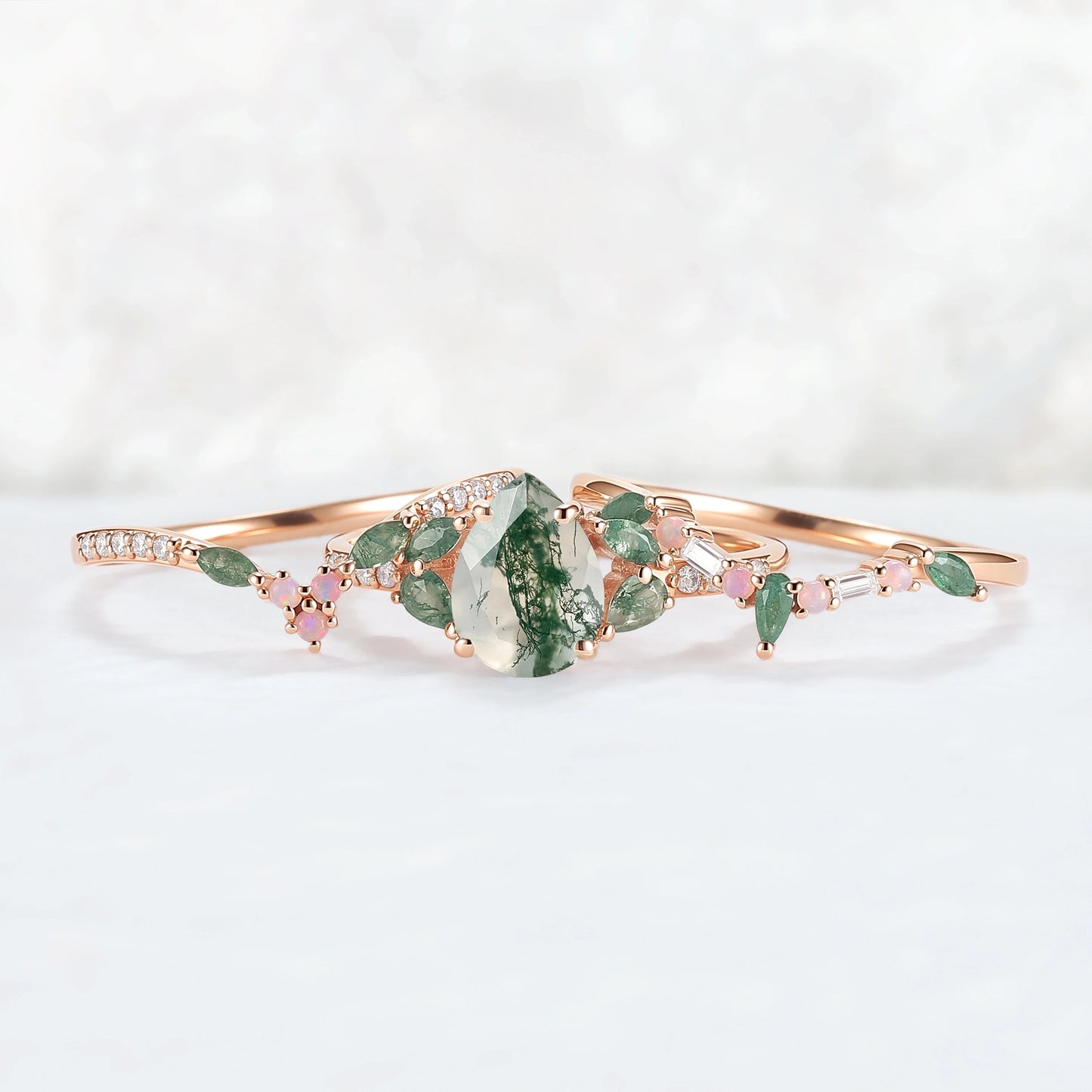 Evergreen Glow Pear-Cut Moss Agate Stacking Ring Set 3pcs