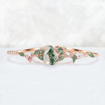 Evergreen Glow Pear-Cut Moss Agate Stacking Ring Set 3pcs