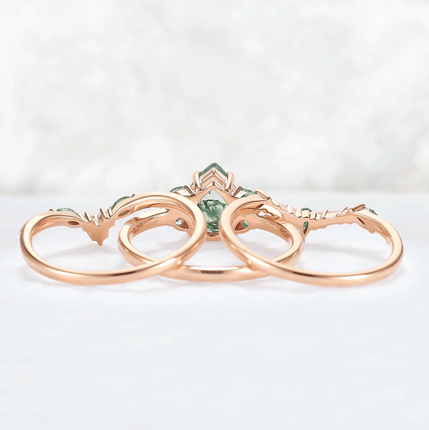 Evergreen Glow Pear-Cut Moss Agate Stacking Ring Set 3pcs