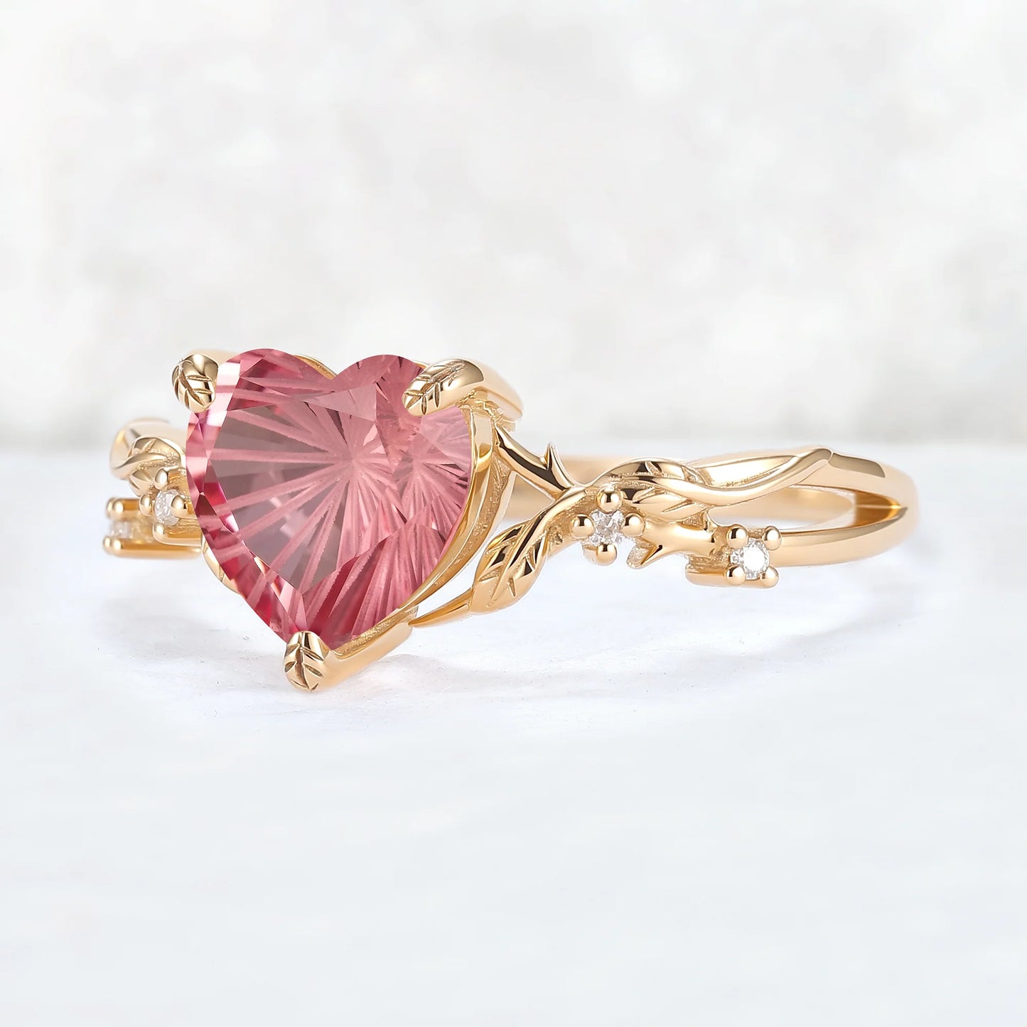 Fire Cut Heart Shaped Pink Sapphire Leafy Gemstone Ring