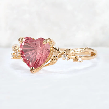 Fire Cut Heart Shaped Pink Sapphire Leafy Gemstone Ring