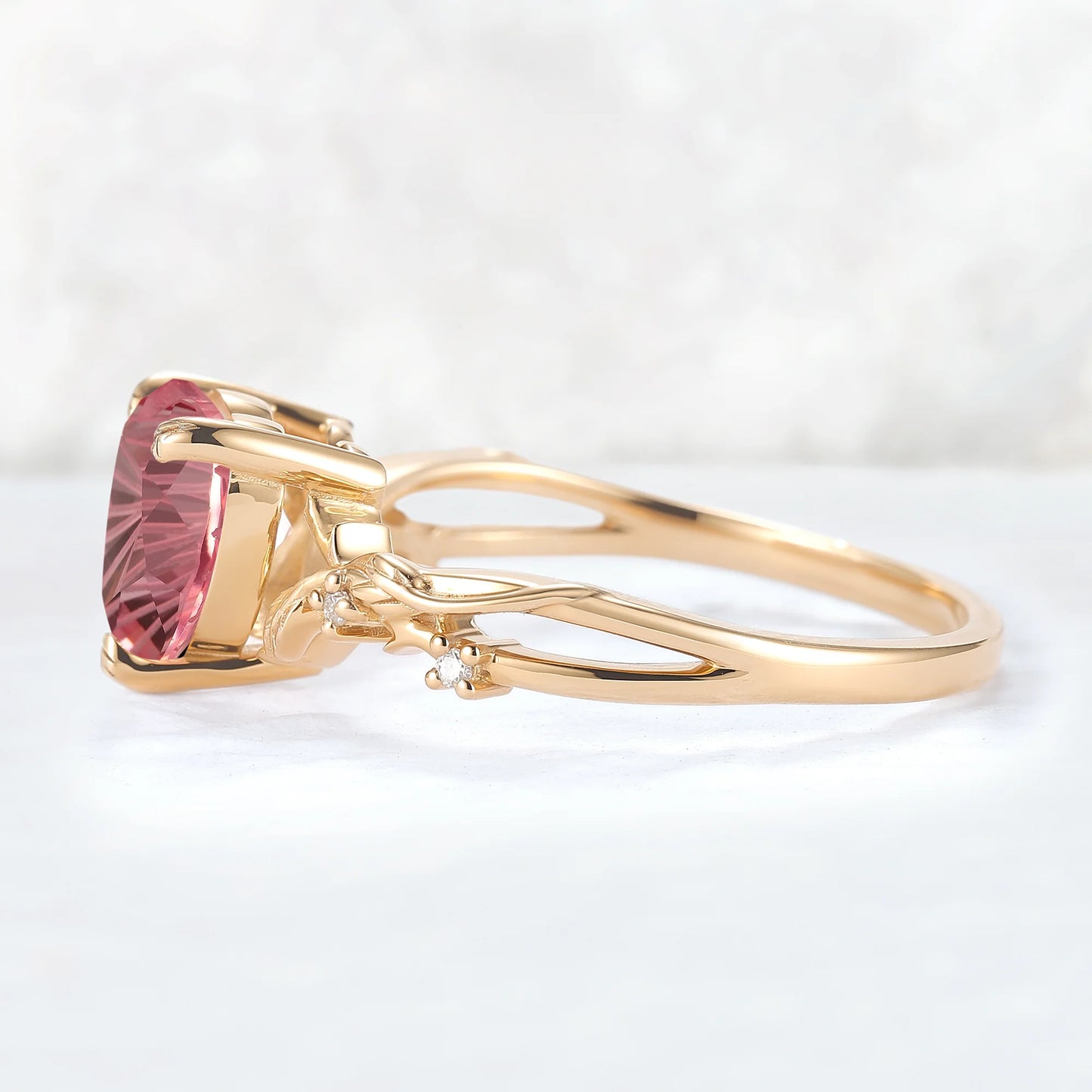 Fire Cut Heart Shaped Pink Sapphire Leafy Gemstone Ring