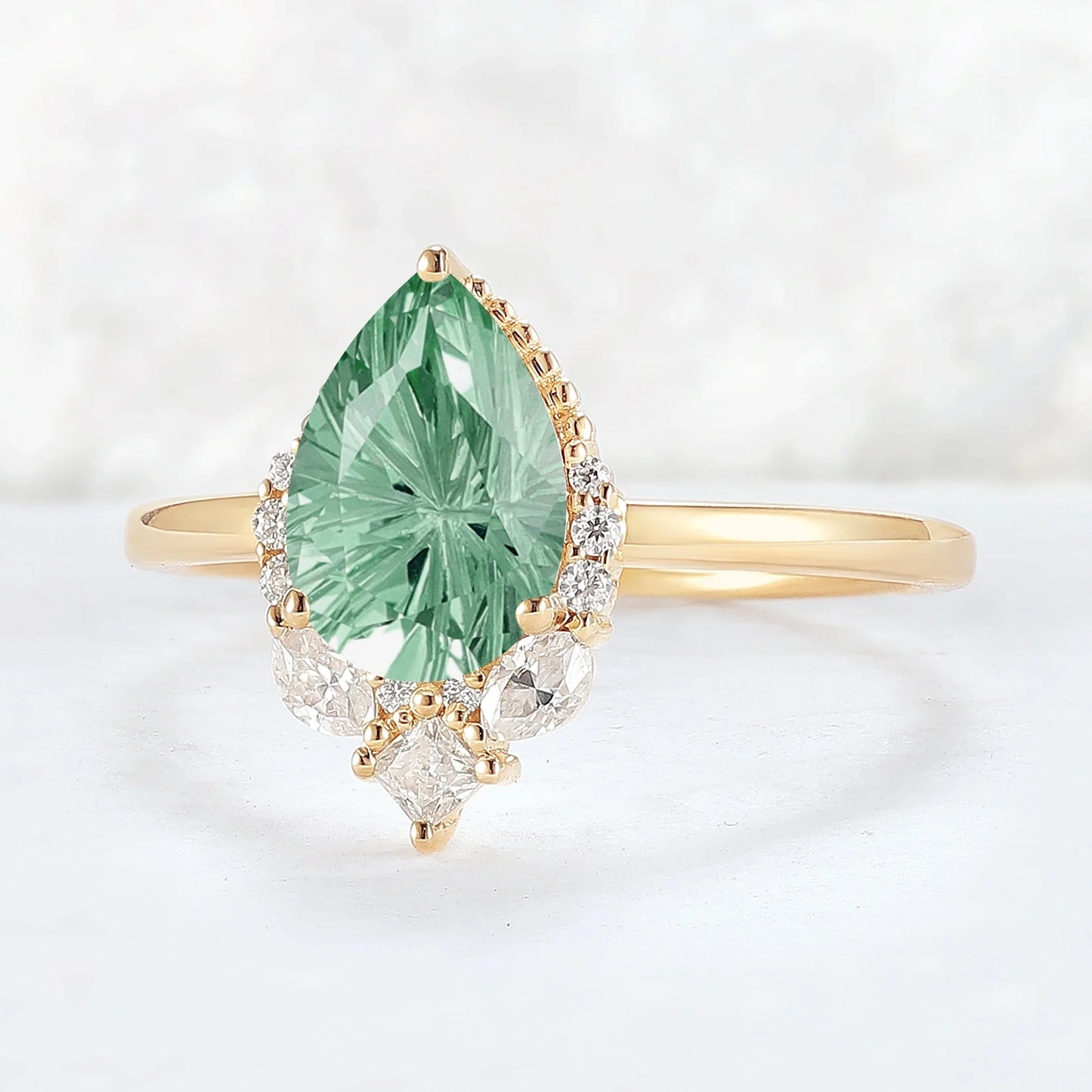 Fire Cut Pear Shaped Lab Green Sapphire Gemstone Ring