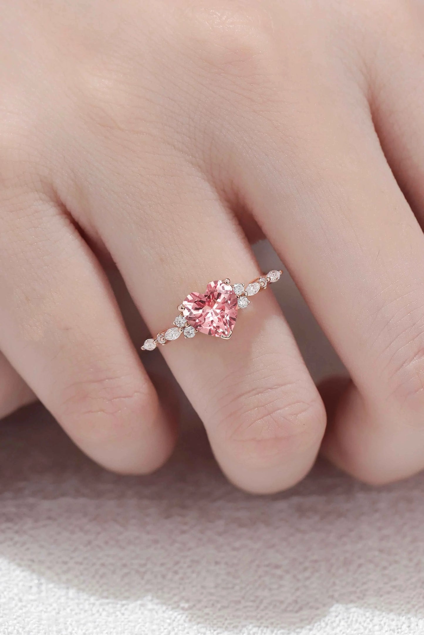 Heart Cut Pink Padparadscha and Moissanite Gemstone Ring