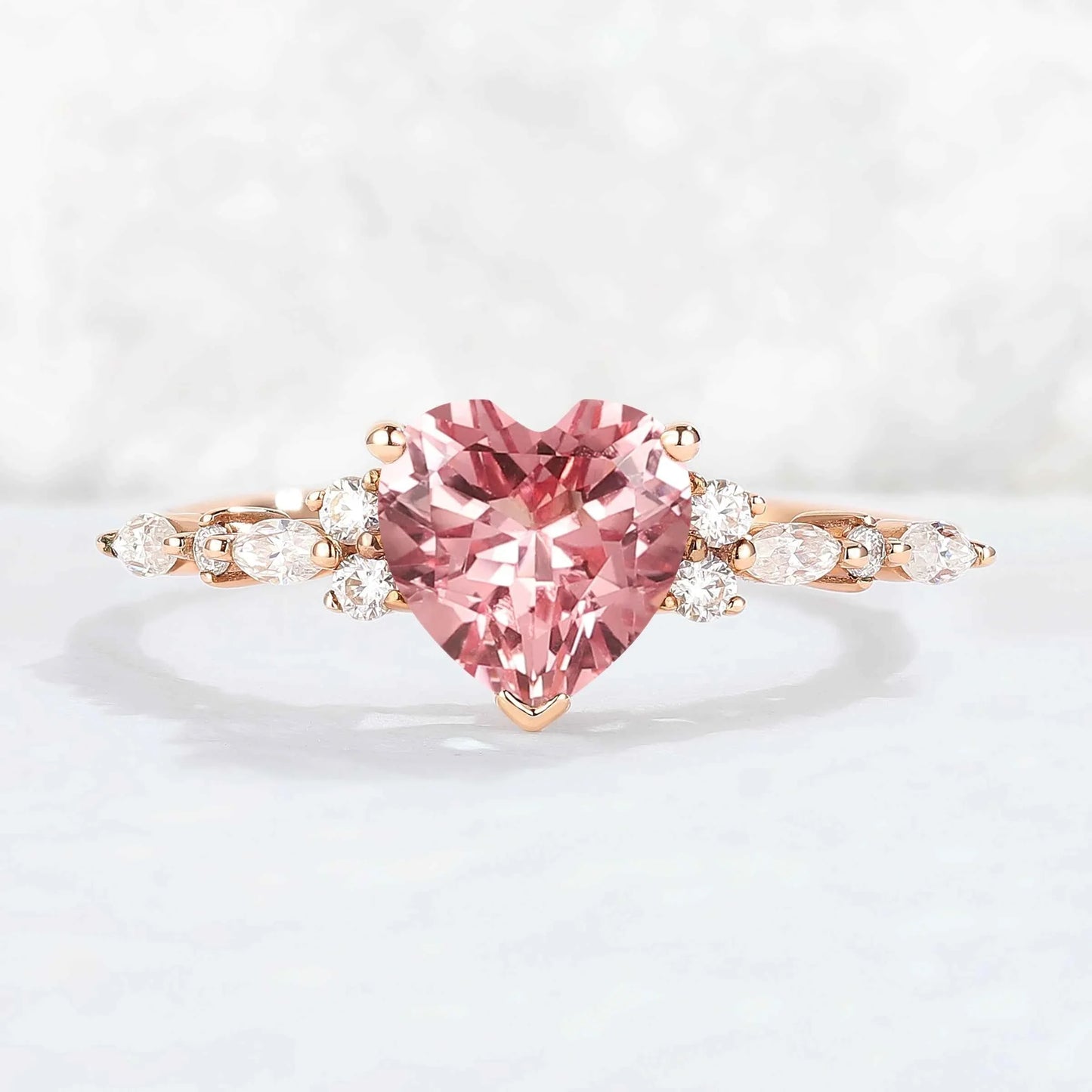 Heart Cut Pink Padparadscha and Moissanite Gemstone Ring