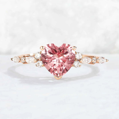 Heart Cut Pink Padparadscha and Moissanite Gemstone Ring