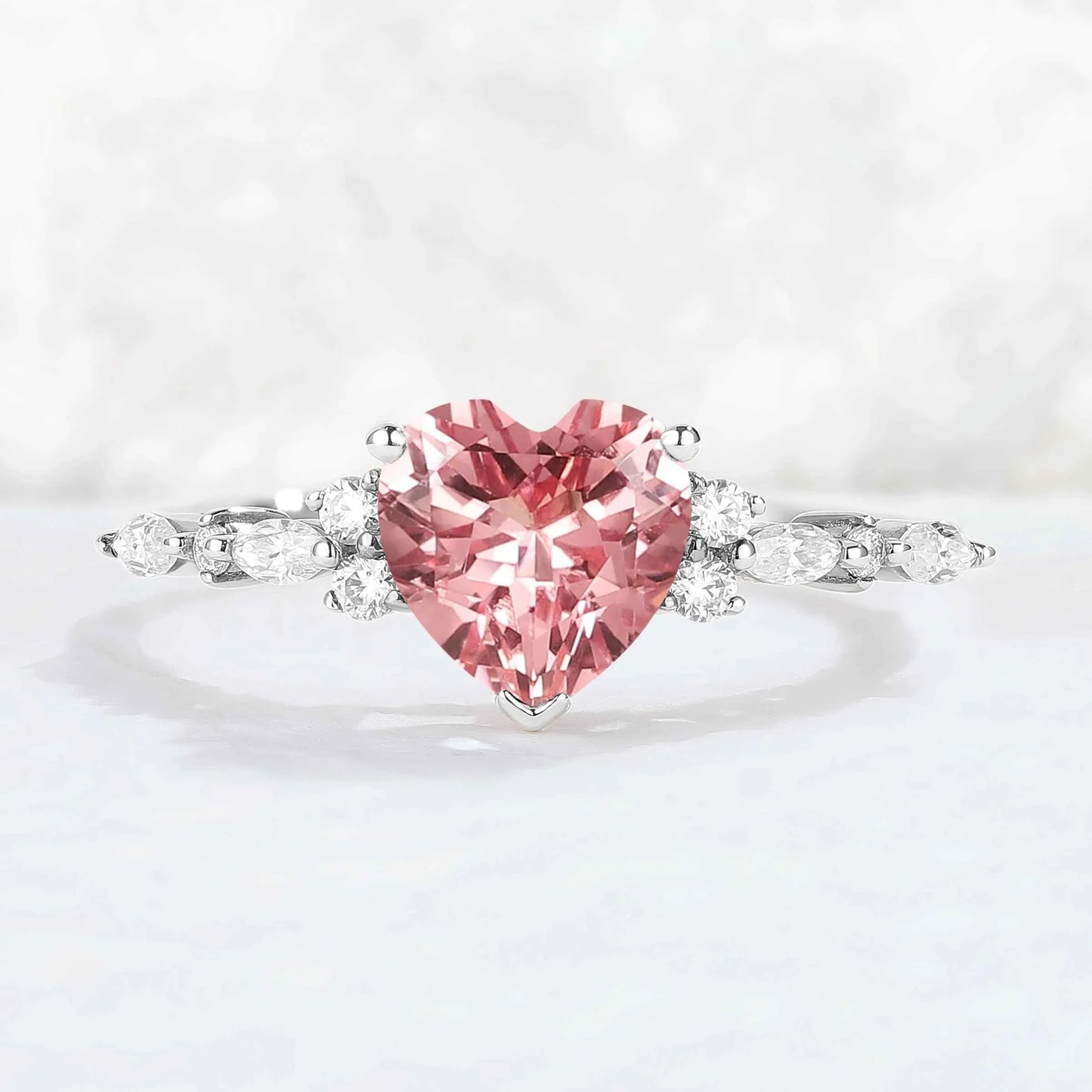 Heart Cut Pink Padparadscha and Moissanite Gemstone Ring