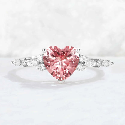 Heart Cut Pink Padparadscha and Moissanite Gemstone Ring
