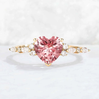Heart Cut Pink Padparadscha and Moissanite Gemstone Ring