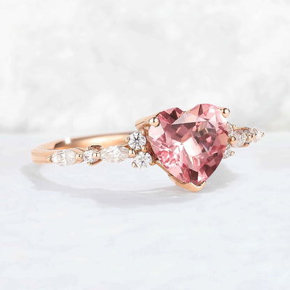 Heart Cut Pink Padparadscha and Moissanite Gemstone Ring