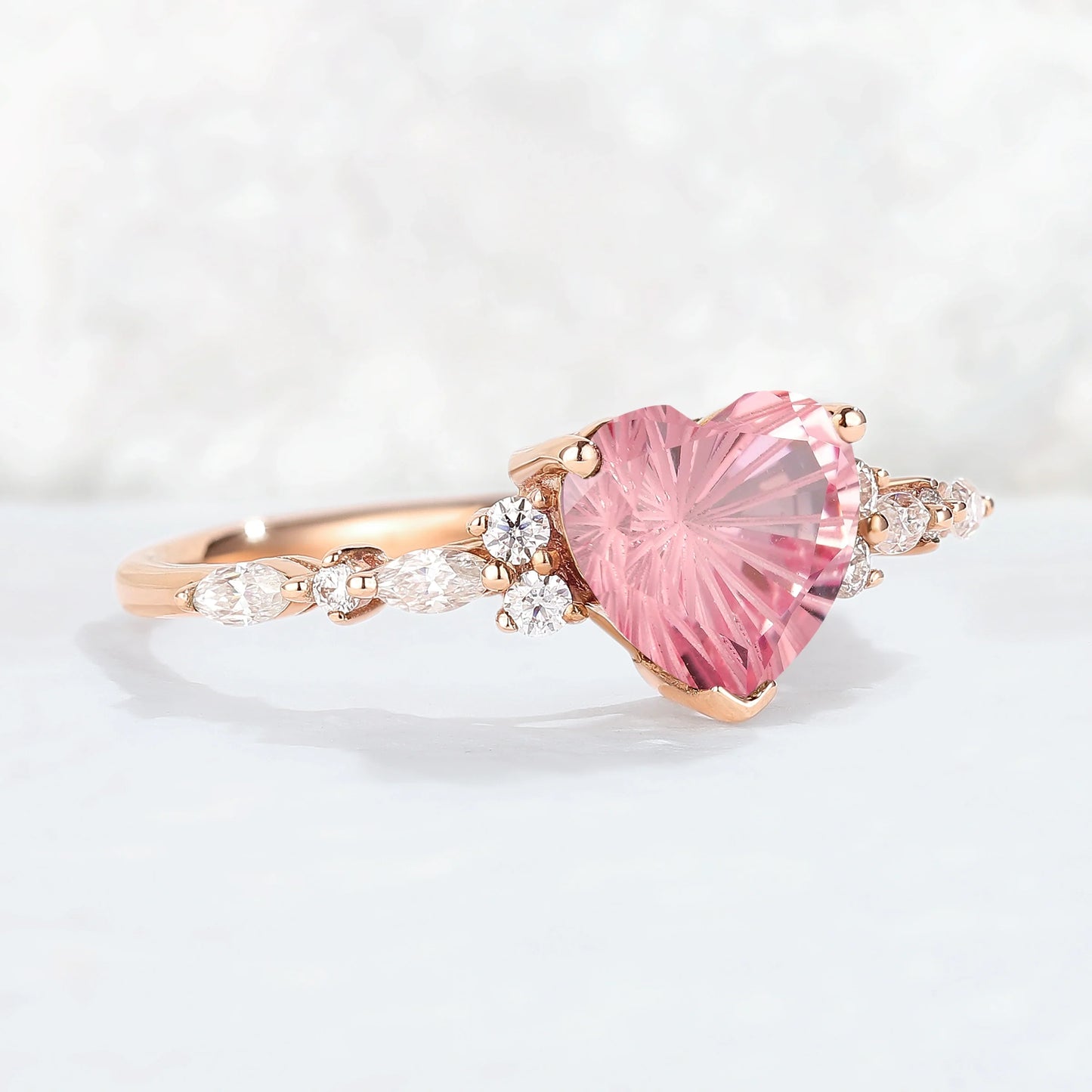 Fire Cut Pink Sapphire and Moissanite Gemstone Ring