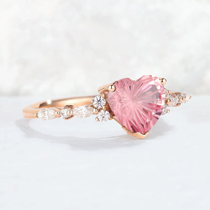 Fire Cut Pink Sapphire and Moissanite Gemstone Ring