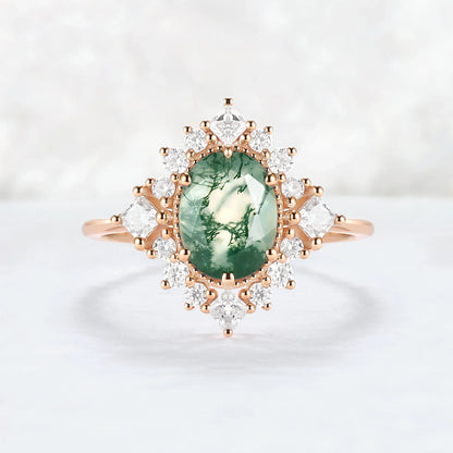 Halo Ring Oval Shape Moss Agate with Moissanite  Gemstone Ring