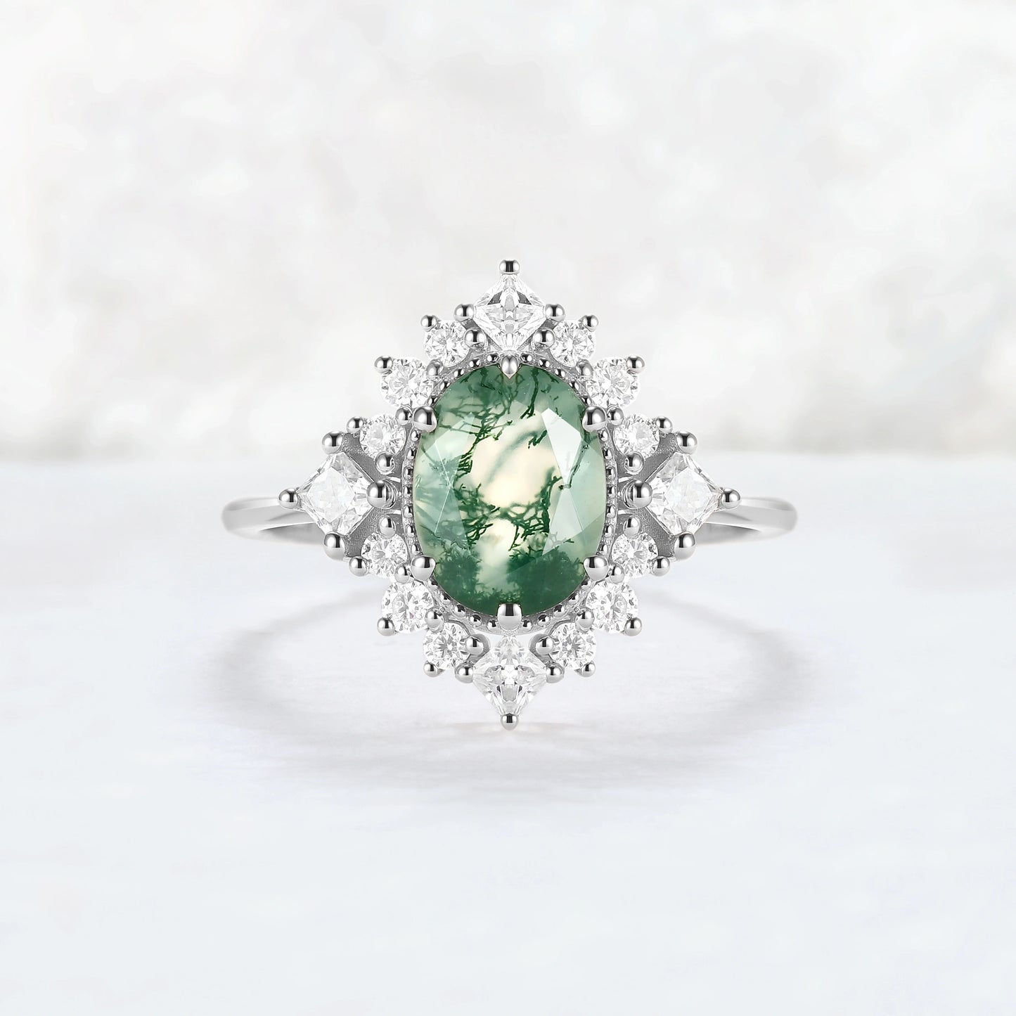 Halo Ring Oval Shape Moss Agate with Moissanite  Gemstone Ring