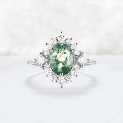 Halo Ring Oval Shape Moss Agate with Moissanite  Gemstone Ring