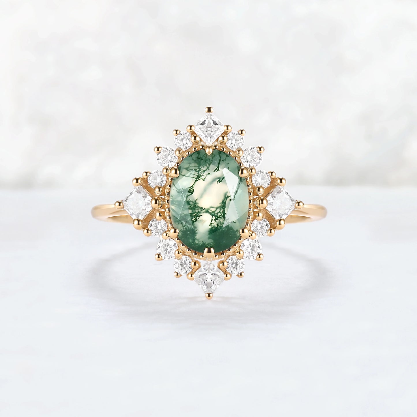 Halo Ring Oval Shape Moss Agate with Moissanite  Gemstone Ring