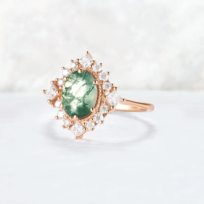 Halo Ring Oval Shape Moss Agate with Moissanite  Gemstone Ring