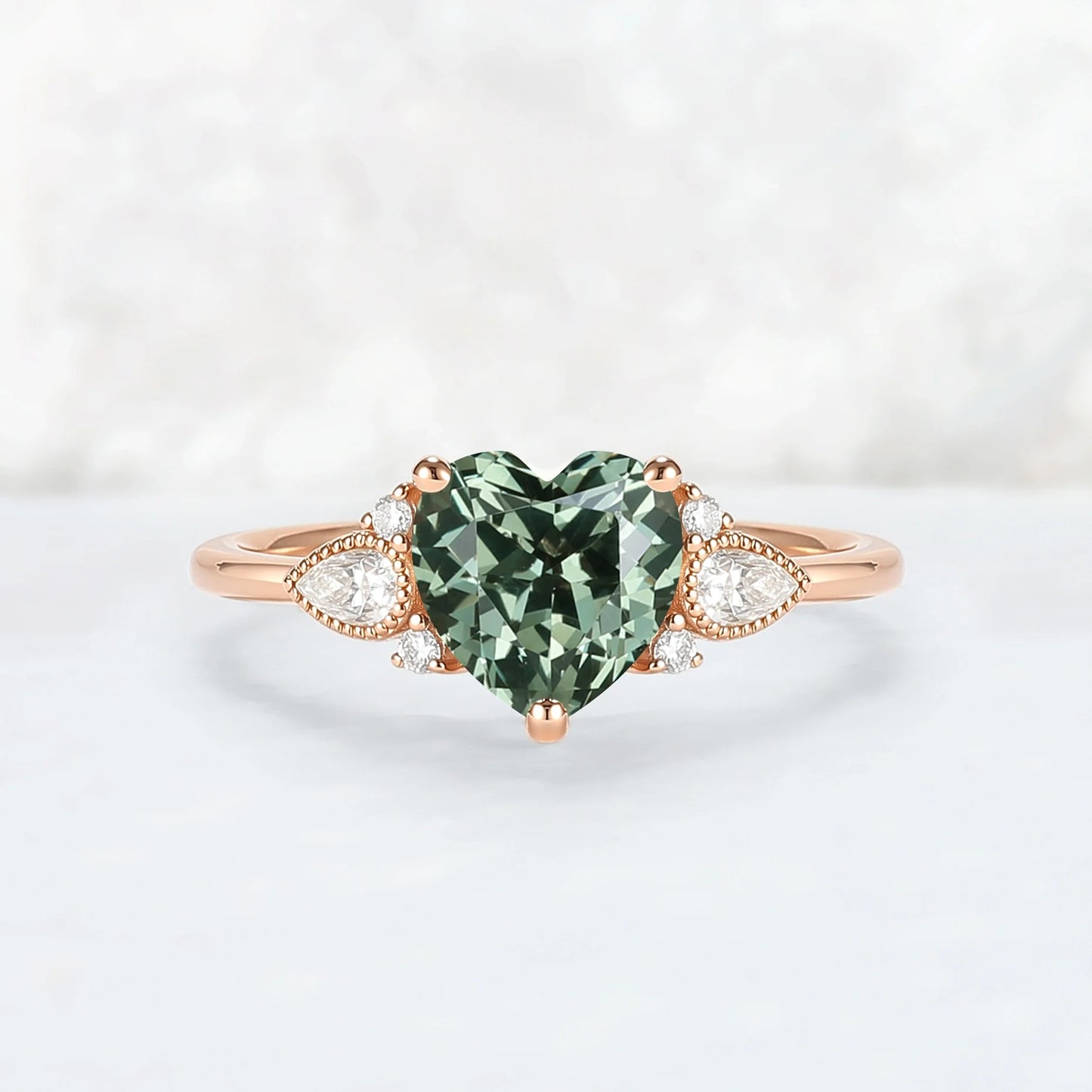 Heart-Cut Green Sapphire Cluster Engagement Ring