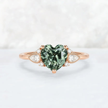 Heart-Cut Green Sapphire Cluster Engagement Ring