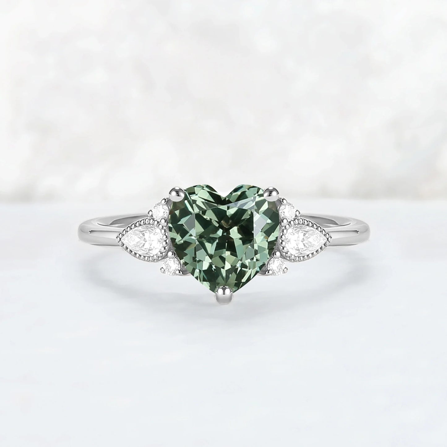 Heart-Cut Green Sapphire Cluster Engagement Ring