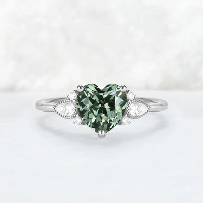 Heart-Cut Green Sapphire Cluster Engagement Ring