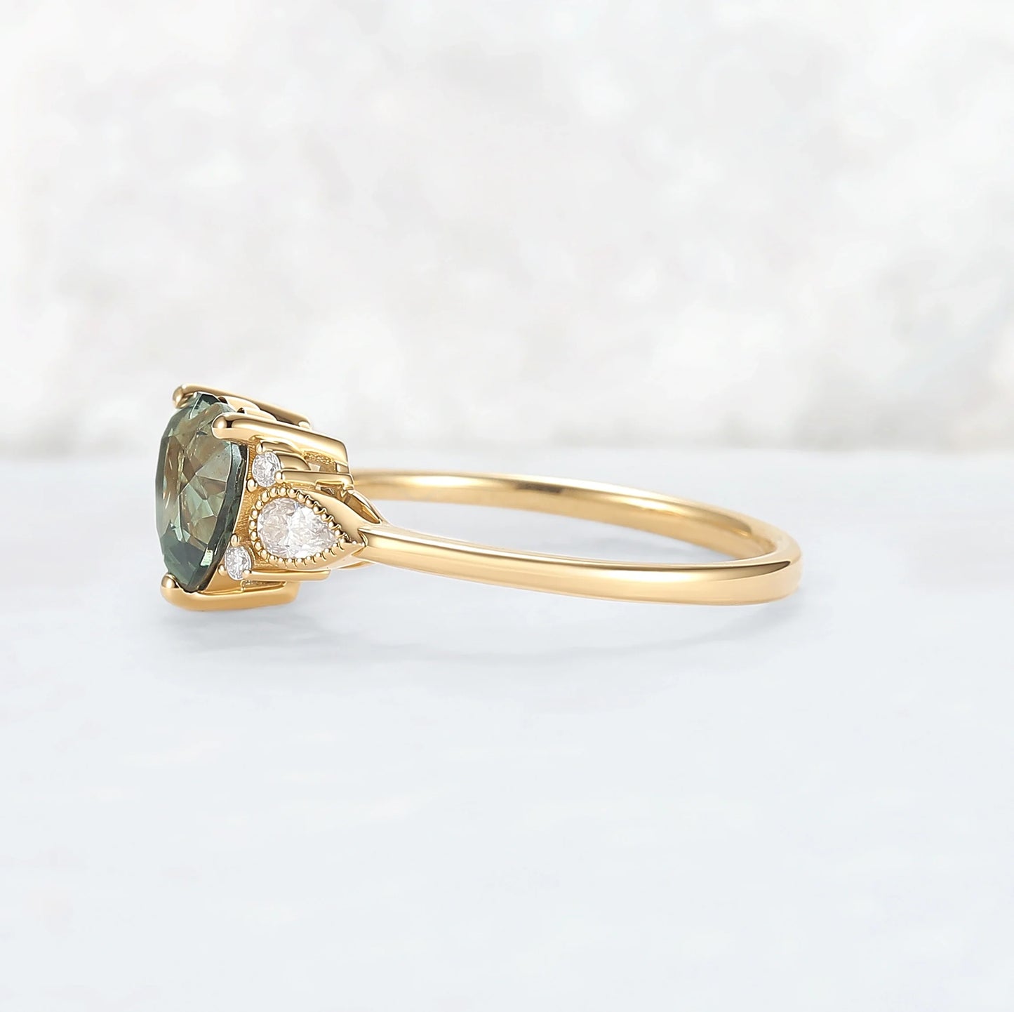 Heart-Cut Green Sapphire Cluster Engagement Ring