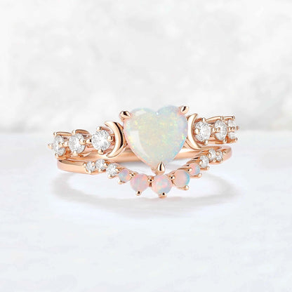 Heart Shape Opal Moon Seven Stone Gemstone Ring Set 2pcs