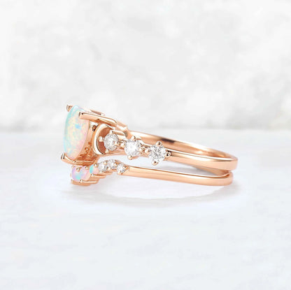 Heart Shape Opal Moon Seven Stone Gemstone Ring Set 2pcs