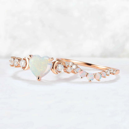 Heart Shape Opal Moon Seven Stone Gemstone Ring Set 2pcs