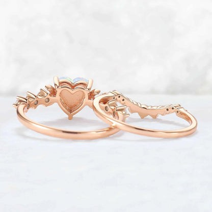 Heart Shape Opal Moon Seven Stone Gemstone Ring Set 2pcs