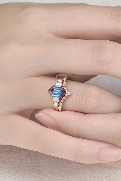 Hexagon Cut Alexandrite Five Stone Gemstone Ring Set 2pcs
