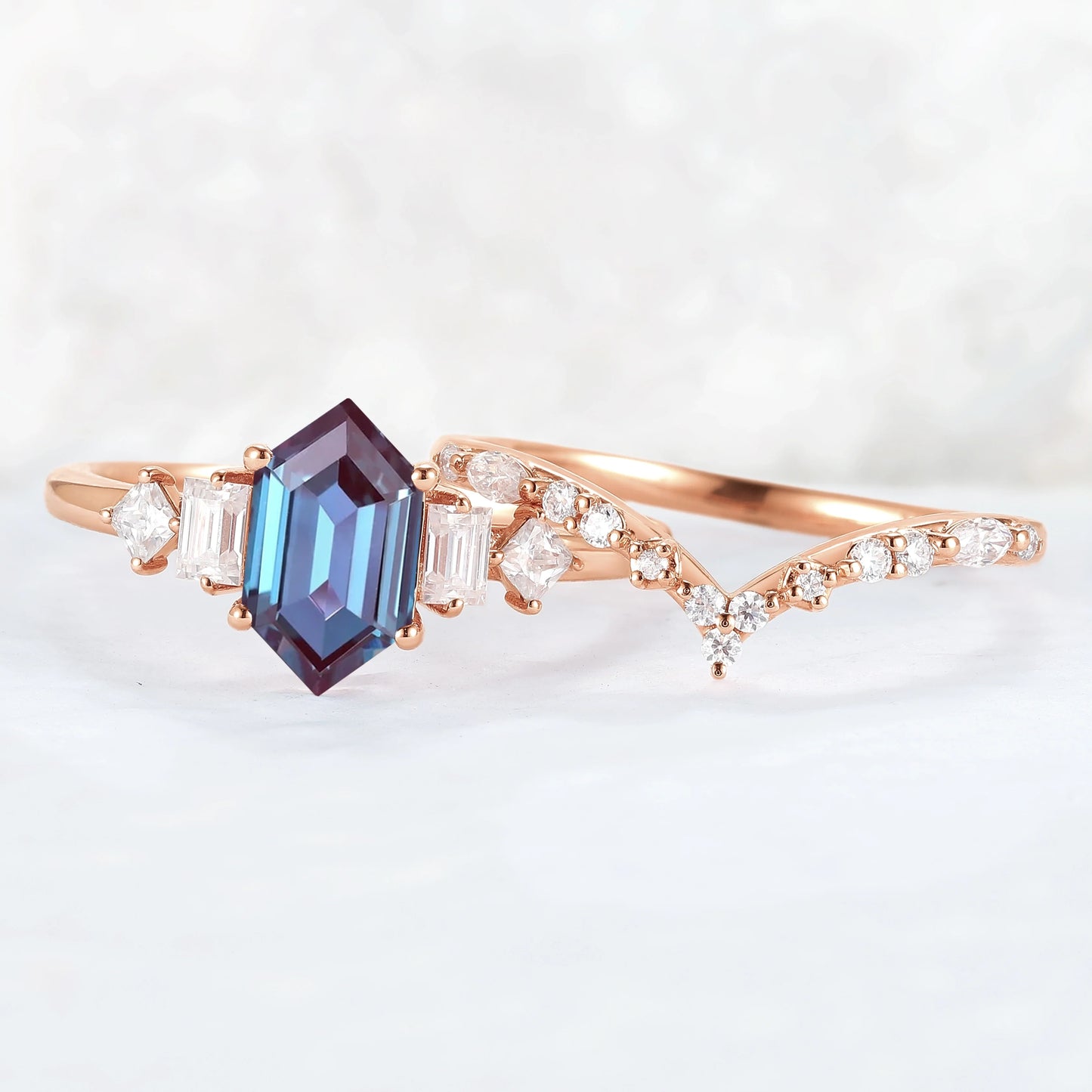 Hexagon Cut Alexandrite Five Stone Gemstone Ring Set 2pcs