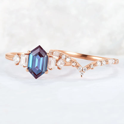 Hexagon Cut Alexandrite Five Stone Gemstone Ring Set 2pcs