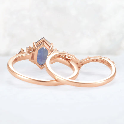 Hexagon Cut Alexandrite Five Stone Gemstone Ring Set 2pcs