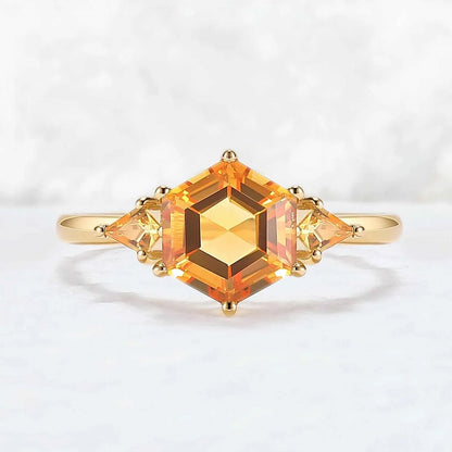 Hexagon Cut Citrine Three Stones Gemstone Ring